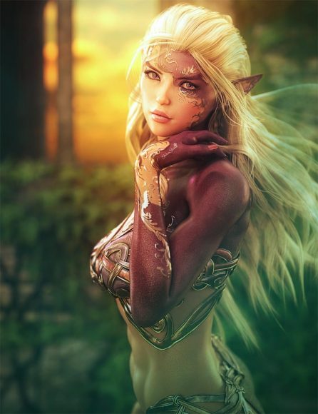 White-haired beautiful elf girl with two-toned skin, during sunset. Fantasy woman art. Daz Studio Iray image.