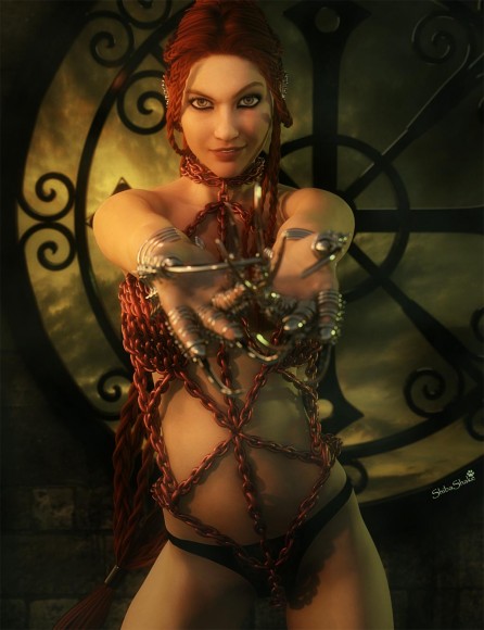 Attractive woman (bad girl) in chains and claws, bidding the viewer to follow.