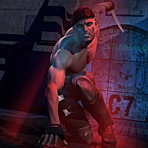 Soldier in an action crouching pose, holding a knife. Mix of saturated blue and red volumetric light.