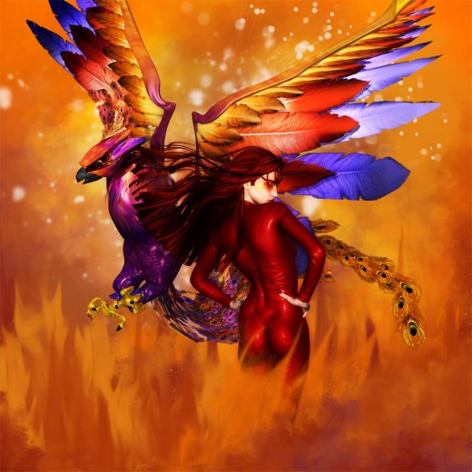 Woman in red with long red hair, with a Phoenix. Fire background.