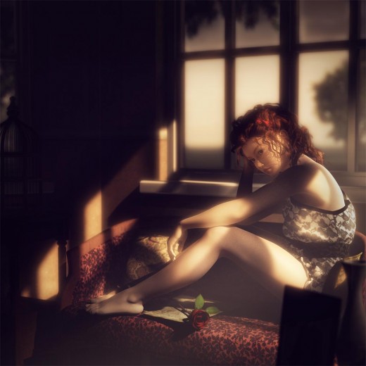Girl sitting on loves-seat with letters and rose. Interesting light and shadows.