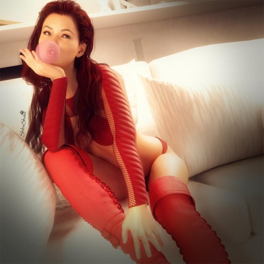 Girl in red, blowing a bubblegum, and sitting on a white couch.