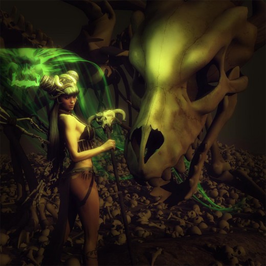 Large bone dragon standing next to a woman or girl necromancer holding a skull staff. Green swirling phantoms around her and bones on the ground.