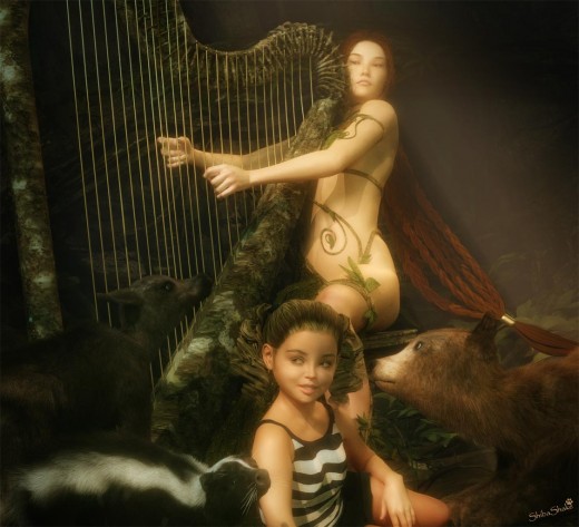 Woman playing a wood harp, while a girl and animals sit at her feet.