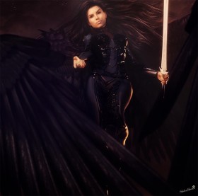 Woman angel with black wings and black armor, holding a white sword. Her right hand is out, in invitation to the viewer.