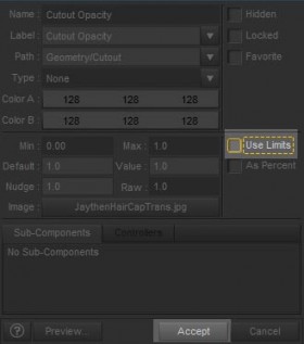 Screenshot on how to remove limits from our hair Cutout Opacity parameter (part 2).
