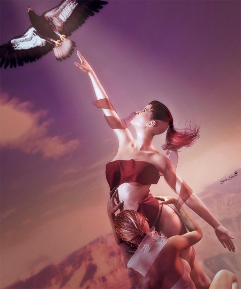 Girl reaching upward for a flying bird (signifying knowledge, dreams, or more) while another holds her down to earth.