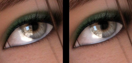 Comparison of two eye renders. The one to the left has more reflection and is more shiny than the one to the right.