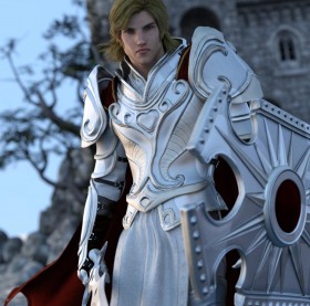 Blonde knight in Luthbel's Paladin for G2M armor, with sword and shield. Castle in the background.