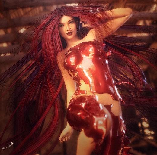 Girl with long red hair,  shiny eyes, and red paint on her body, doing a dance.