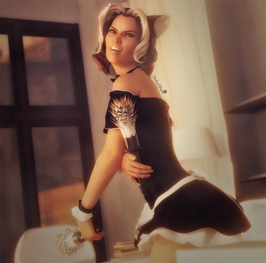 Victoria7 in a french maid outfit, holding two dusters, in an apartment.