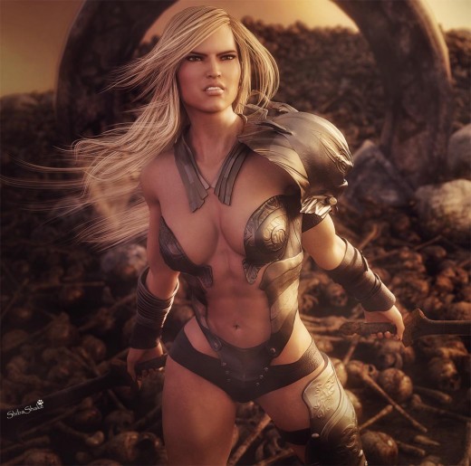 Victoria7 wearing the Fury armor for V4, and SAV Eirene hair also for V4. Warrior princess is holding two sword, on a landscape that is littered with skulls and bones.