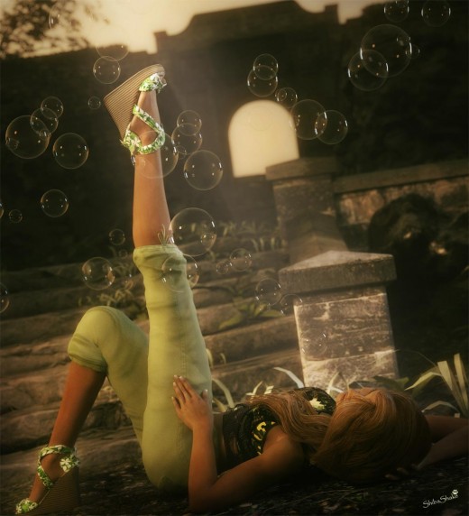 Girl in green with one of her legs up and bubbles all around her. Stonemason's Path to Cloud Temple used as backdrop.