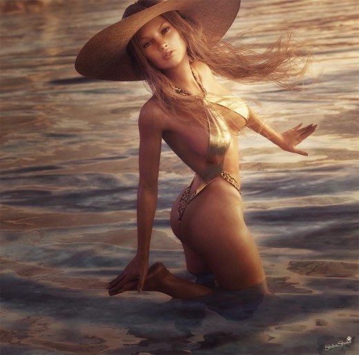 Pin-up image of girl in swimsuit and beach hat, standing in water.