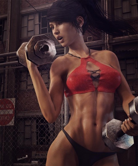 Woman exercising with two weights and covered in sweat. Daz Studio Iray render.