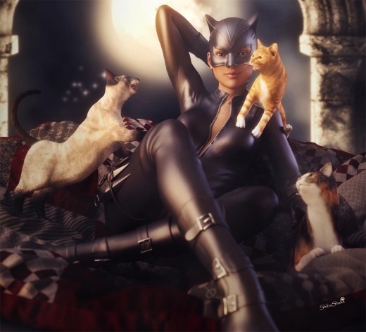 Catwoman sitting on a papasan chair with several cats around her. Moon in the background.