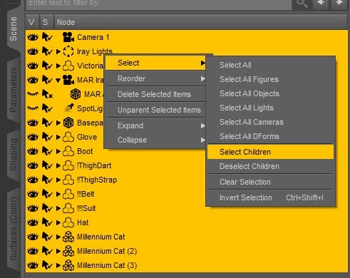 Screenshot of how to select all main and child objects in a Daz Studio scene.