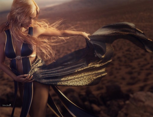 Woman holding cloth and dancing in the desert, with wind blowing on cloth and wind-swept hair.