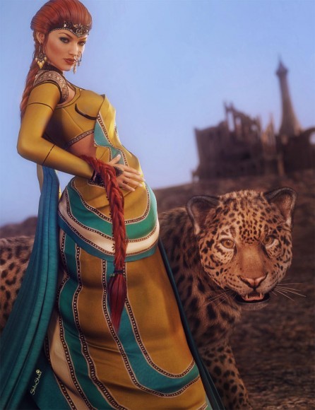 Woman wearing a sari standing next to a Jaguar in the desert with ruins in the background.