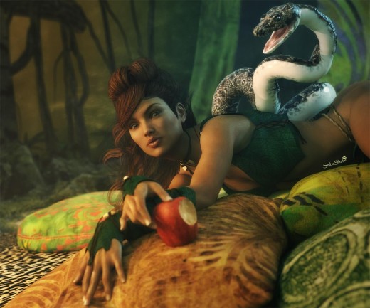Girl,woman,Eve lying on some pillows in a forest, with a partly bitten apple, and a snake in the background.