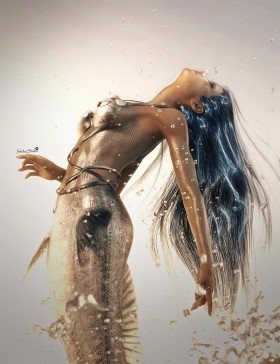 Silver mermaid surfacing from the water. Fantasy art.