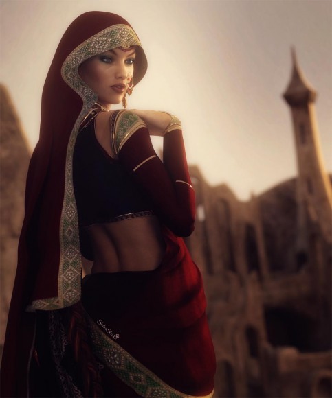 Woman wearing a veil and sari, with interesting ruins in the distance.