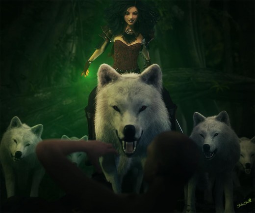 Woman magician with an evil smile leading her white wolf pack on a hunt. 