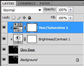 Screenshot of my Photoshop layers after adding adjustment layers to my Glow Base layer.