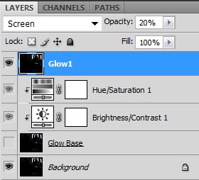Screenshot of my first glow layer (Glow1) with blend mode set to screen and opacity set to 20%.