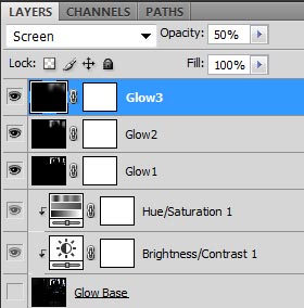 Screenshot of my three glow layers with increasing Gaussian Blur and increasing opacity.