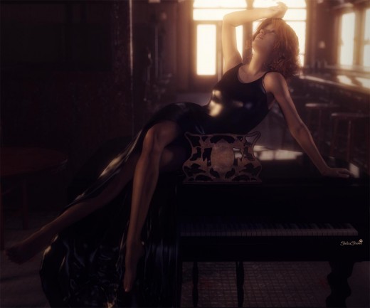 Woman sitting on top of a black piano in a bar. Warm light glow coming through the windows.
