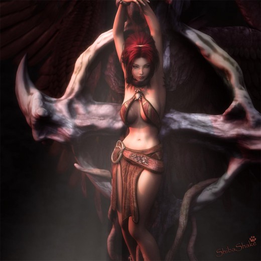 Image of a red-haired angel shackled on a cross.