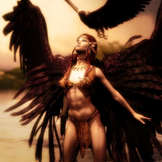 Native American girl with black wings standing in water and looking up into the sky. An eagle flies overhead.