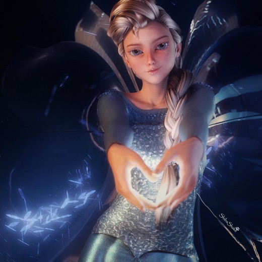 Queen Elsa with ice wings and forming the heart or love sign with her hands. Magic or spell lights in the background and around her hands.