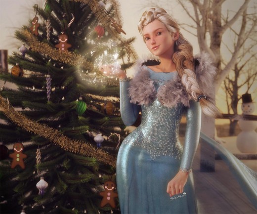 Frozen's Queen Elsa standing in front of a Christmas tree, with an ice spell on her right hand.