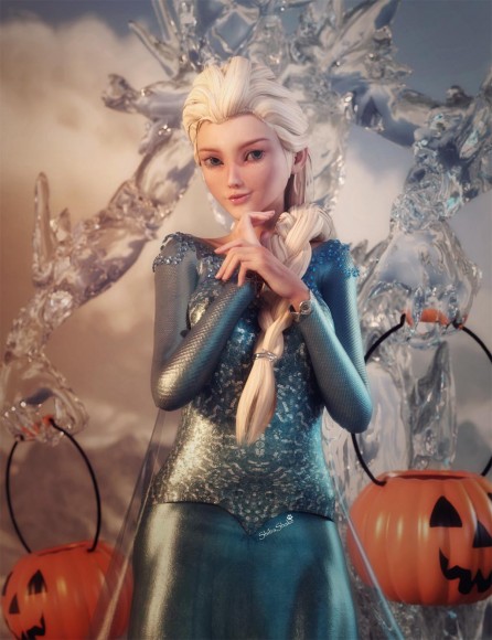 Image of Queen Elsa standing in front of an ice golem, who is holding two pumpkin Halloween candy baskets.