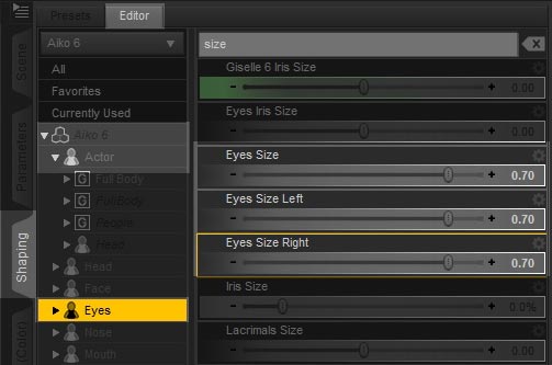 Screenshot of the Daz Studio interface on how to increase our character eye size.