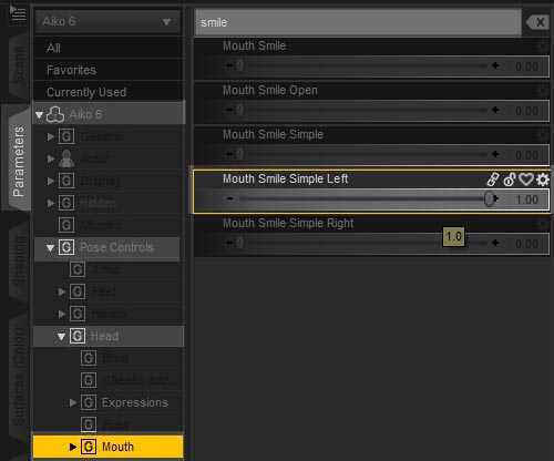 Screenshot of the Daz Studio interface on how to dial in a crooked smile.