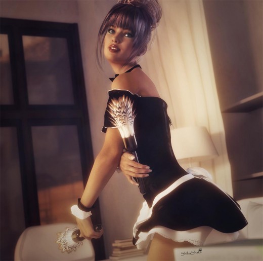 Woman (Victoria 7) in a french maid outfit, holding two dusters, in an apartment. Pin-up pose.