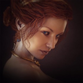 Portrait of a lady with red hair and very blue eyes. She is wearing gold dragon jewelry with blue gemstones.