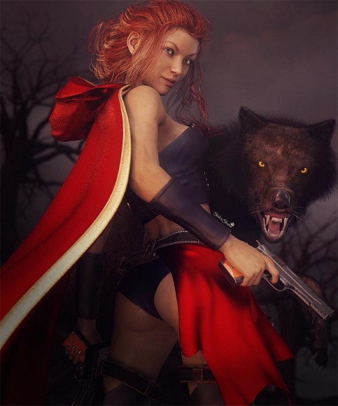 Red-hair girl wearing a red clock with hood down, black leather, and a red skirt. She is carrying two guns and is with her big black wolf.