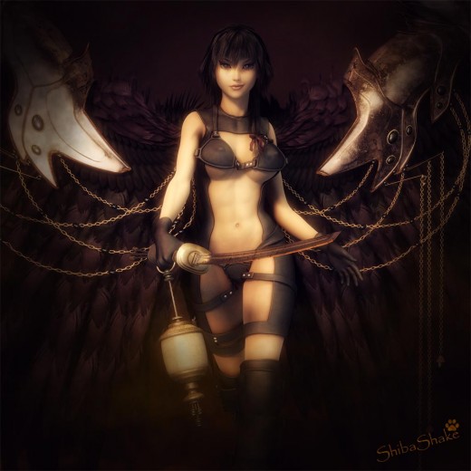 Cute angel with black wings and wing armor walking towards the viewer. She is holding a katana and a lantern and wearing a sexy black leather outfit.