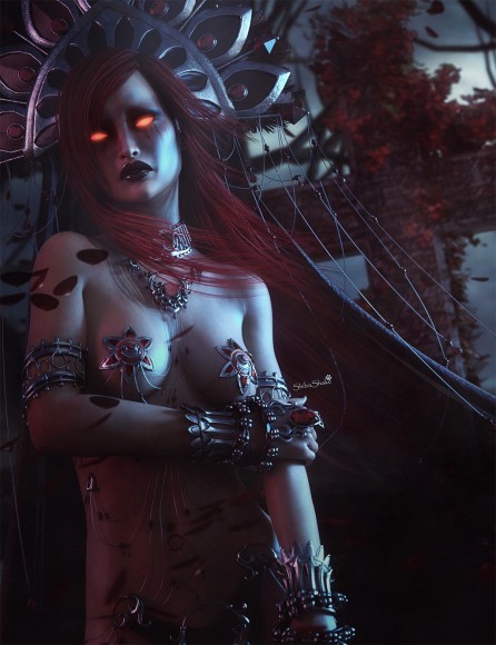 Vampire girl wearing the Kali outfit and headdress with red hair and red glowing eyes. Red petals are blowing in the wind in this night scene.