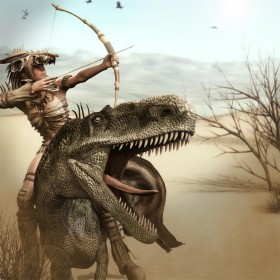 Archer girl riding on a desert lizard hunting for her supper.