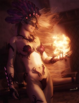 Sexy sorceress wearing a mask and headdress with feathers, creating a ball of light on her left hand.