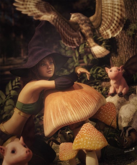 Cute pixie girl wearing a witch hat, resting against a mushroom, with many fantasy creatures around her.