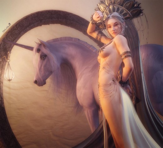 A princess with white flowing skirt and a large headdress standing with her white unicorn in front of a circular portal.