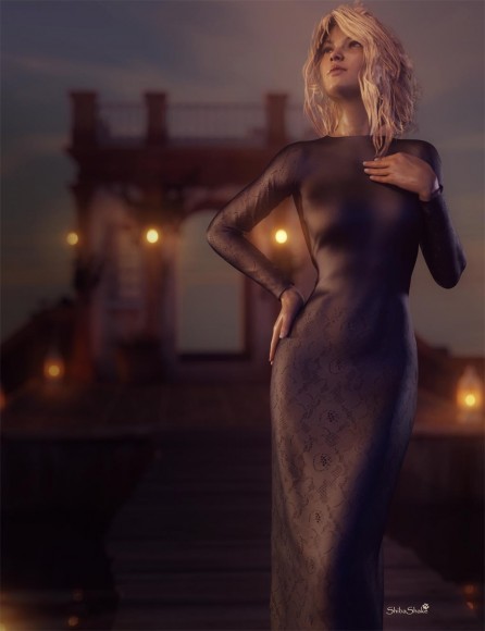 Elegant girl in a long tight dress standing on a dock in front of a little cottage. There are lanterns all around the cottage casting warm light reflections on the water.