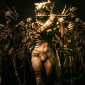Pied-piper girl, wearing a bone helmet,  playing a flute to a group of skeletons.