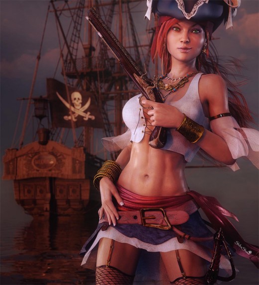 Redhead pirate girl pin-up with her smiling and holding a gun. Pirate ship with flag in the background.